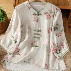 Floral Women's Blouse - Green and Pink Accents